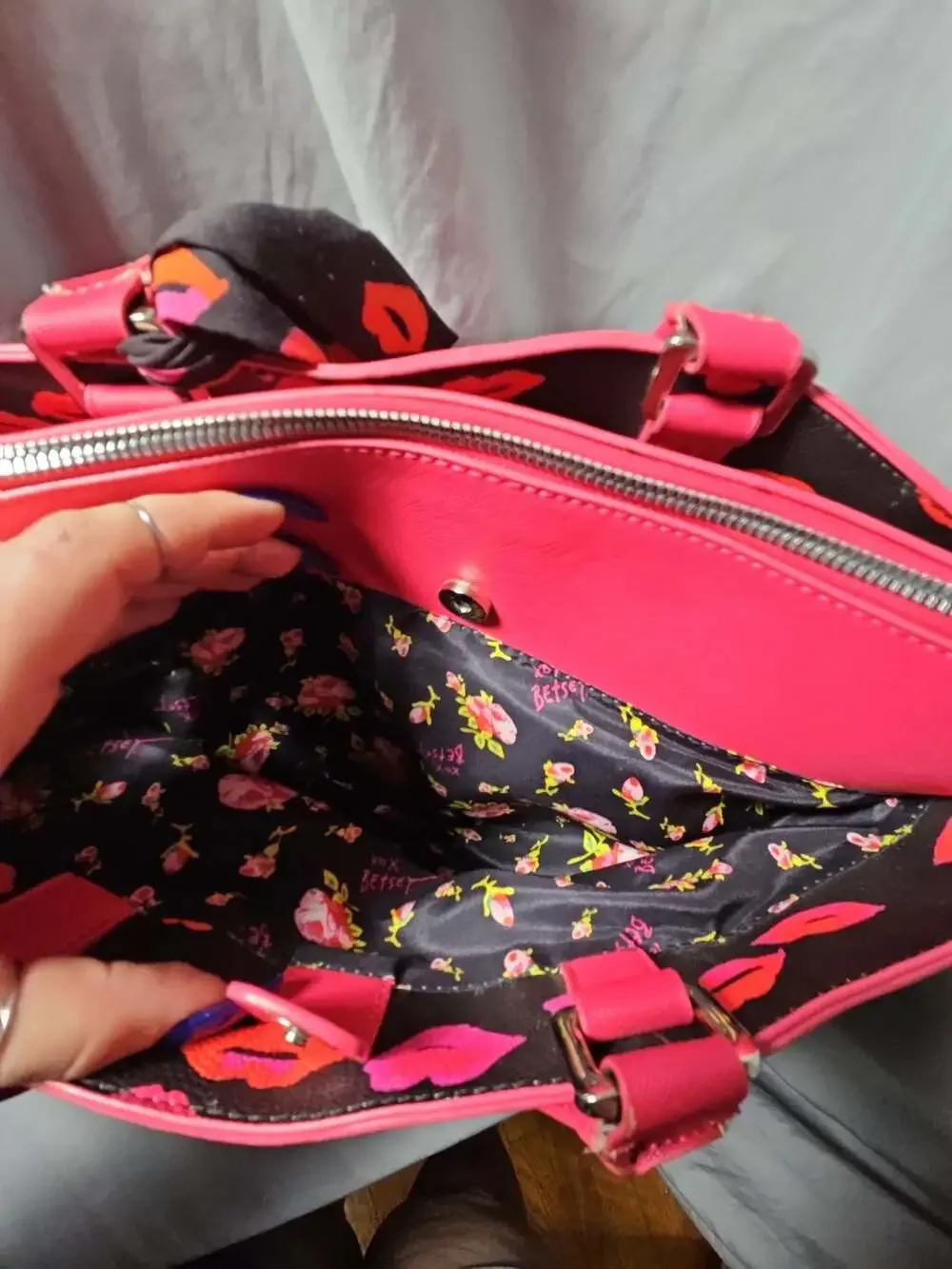 Betsey Johnson Hot Pink Satchel with Embossed Hearts and Lips Print Scarf